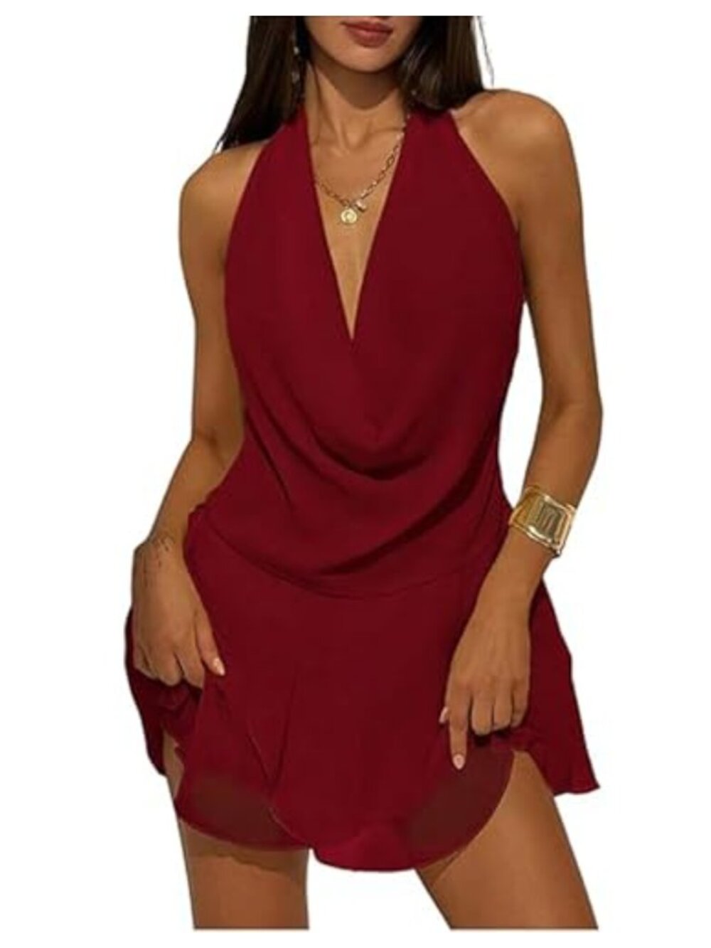 Women's Halter Mini Dress Deep V Neck Open Back Ruffle Hem Sleeveless Party